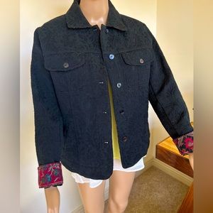 Chico’s Women’s black blazer,jacquard fabrics colorful trim collar and cuffs